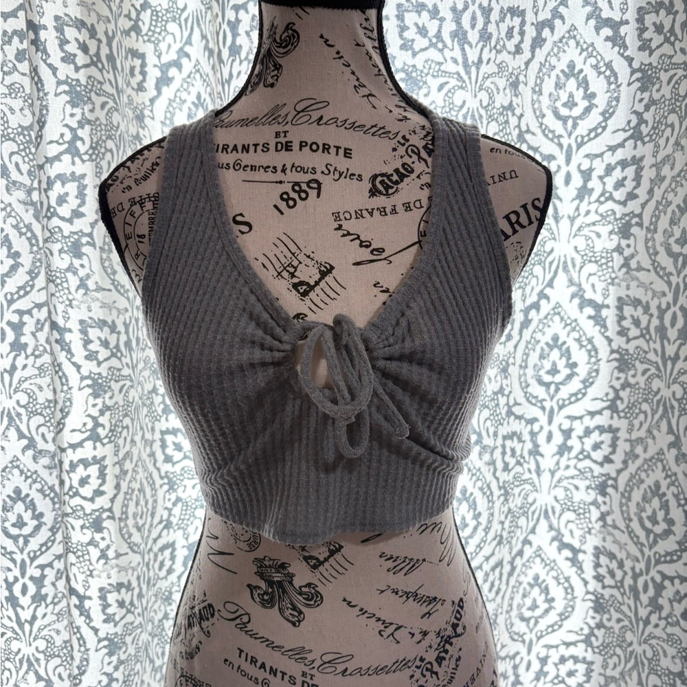 Gray Ribbed Knit Tie-Front Crop Top